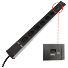 Steckdosenleiste 19" 1HE 6xT13/1xUSB-A/1xUSB-C Td3x1mm² 3m T12 F=10A schwarz